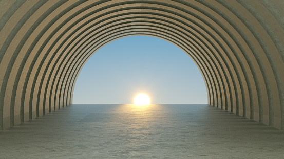 3D Rendering of abstract concrete tunnel, architectural structure, door to sky.