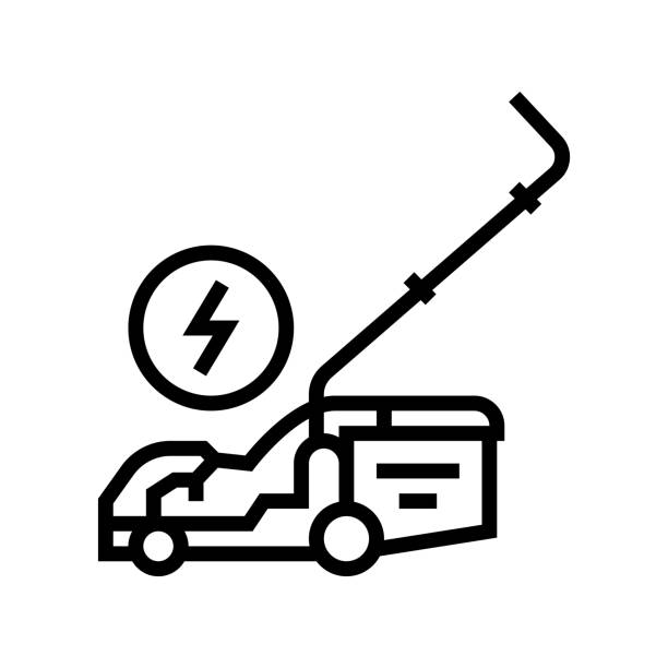 illustrazioni stock, clip art, cartoni animati e icone di tendenza di illustrazione vettoriale icona linea tosaerba elettrica - rotary mower illustrations