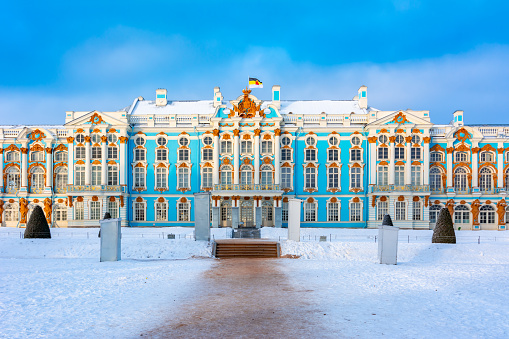 Saint Petersburg, Russia - January 2020: Catherine palace and park in winter, Tsarskoe Selo (Pushkin)