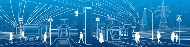 Vector illustration of Town scene. Automobile bridge, overpass. Passengers get off the bus and tram. Night city on background. City transport. Power line. Outline vector infrastructure illustration. White outline sketch.
