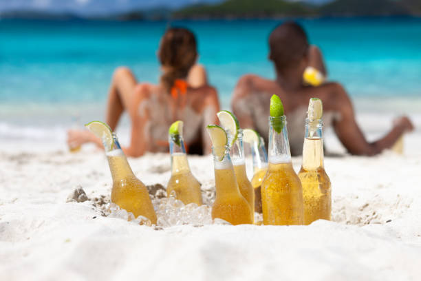 istock Attractive couple relaxing on a tropical beach enjoying beer 1288233113