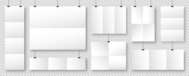 istock Realistic blank paper sheets hanging on binder clip. White vector poster with shadow in A4 format. Design template, mockup 1288234153