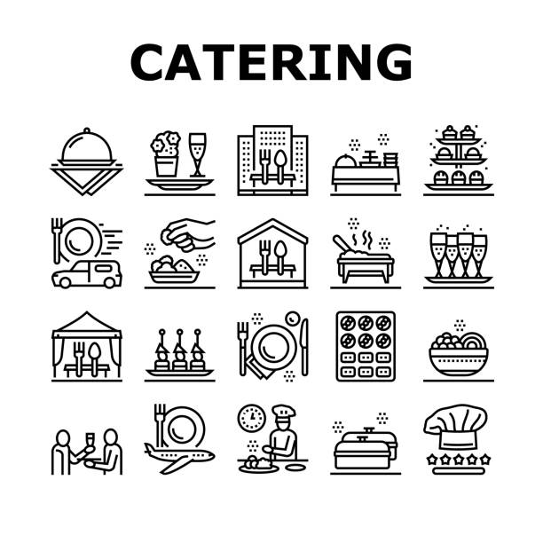Catering Food Service Collection Icons Set Vector Catering Food Service Collection Icons Set Vector. Catering In Hotel And Restaurant, Nutrition Cooking And Delivery, Drinks, Dishes And Dessert Black Contour Illustrations buffet illustrations stock illustrations