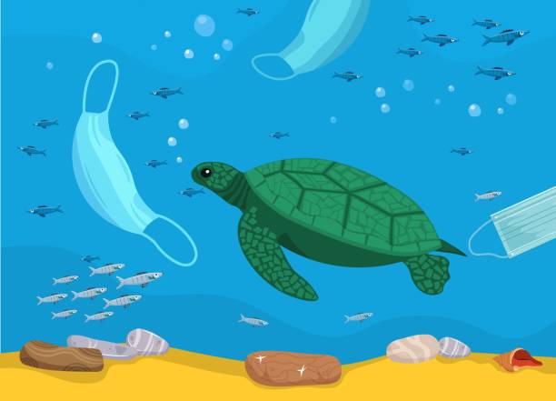Stop wrong face masks disposal Stop wrong face masks disposal. Medical supplies polluting the ocean. Landscape poster. Polluted waters. New normal. Threat to the ecosystem. Plastic pollution ecology crisis. Vector illustration plastic marine life stock illustrations