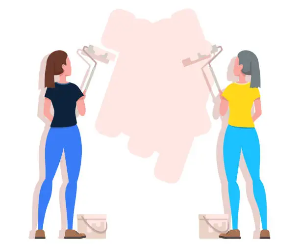 Vector illustration of Two woman painting wall with roller paint. Vector illustration flat design style