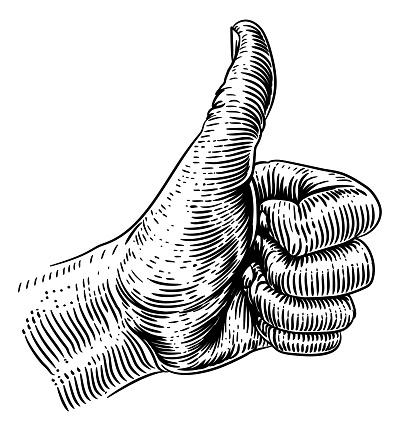A hand giving a thumbs up sign in a vintage retro woodcut style