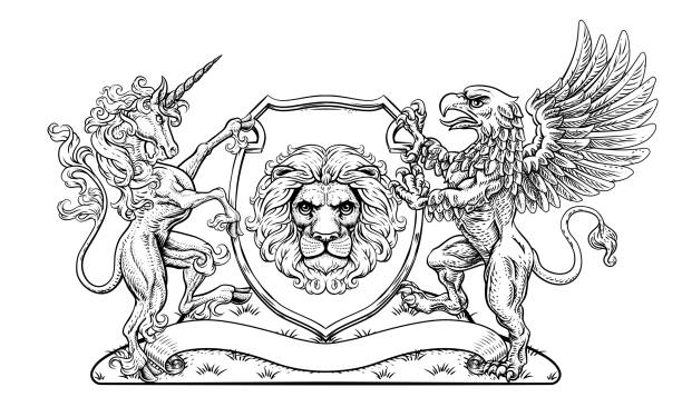 Coat of Arms Crest Griffin Unicorn Lion Shield A crest coat of arms family shield seal featuring griffin, unicorn horse with horn and lion bills lions stock illustrations