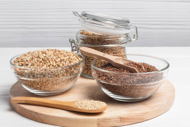 istock Whole grain oats, green buckwheat, flax seed and quinoa. 1288247028
