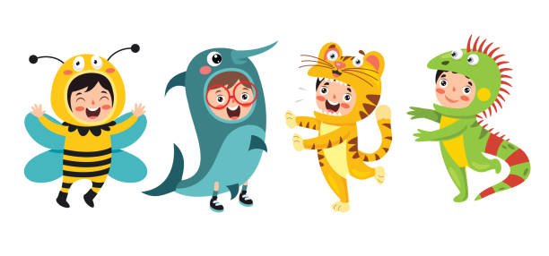 śmieszne dzieci waering kostiumy zwierząt - tiger lion leopard cartoon stock illustrations