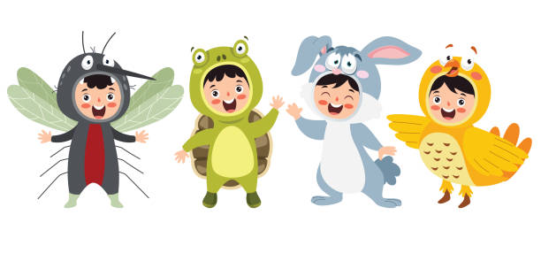 illustrations, cliparts, dessins animés et icônes de enfants drôles waering costumes d’animaux - safari animals wild animals animals and pets reptile