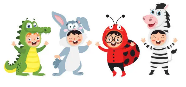 Vector illustration of Funny Children Waering Animal Costumes