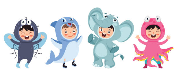 stockillustraties, clipart, cartoons en iconen met grappige kinderen waering dierlijke kostuums - squid games