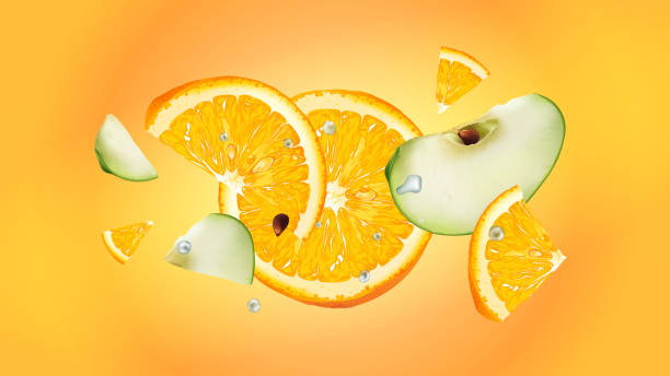 istock Flying slices of apple and orange on a yellow background. 1288250939
