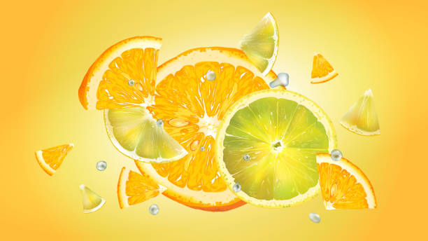 illustrazioni stock, clip art, cartoni animati e icone di tendenza di fette di arancia e limone e goccioline d'acqua in volo. - exploding juicy liquid energy