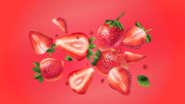 ilustraciones, imágenes clip art, dibujos animados e iconos de stock de volando fresas frescas sobre un fondo rojo. - juicy