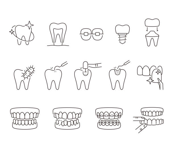 ikony linii zęba, ilustracja wektorowa - proteza stomatologiczna stock illustrations