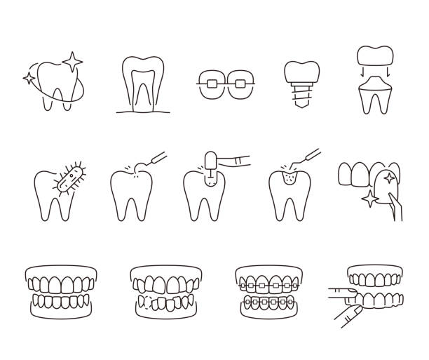 ilustrações de stock, clip art, desenhos animados e ícones de tooth line icons, vector illustration - dentist pain human teeth toothache