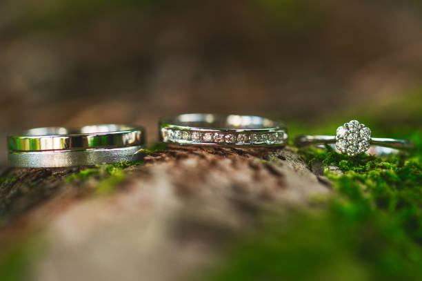 Two Wedding rings and an engagement ring on green moss in forest