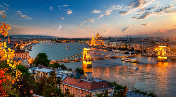 View on Budapest Panoramic view on illuminated Budapest in evening, Hungary budapest photos stock pictures, royalty-free photos & images