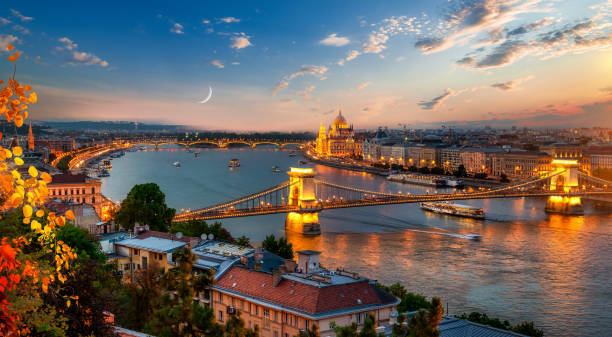 view on budapest - budapest parliament building chain bridge night imagens e fotografias de stock