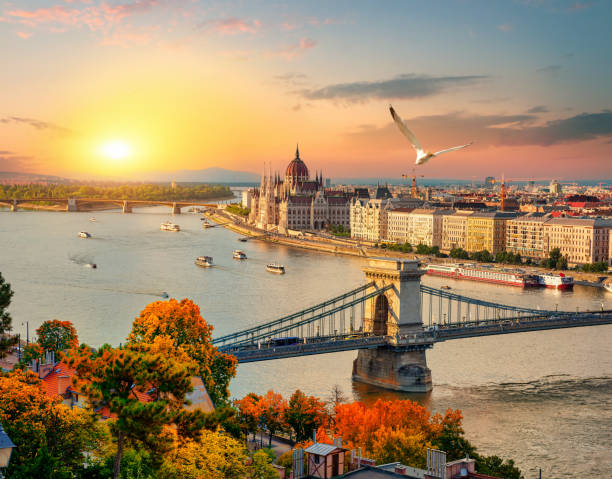 zachód słońca nad budapesztem - chain bridge bridge budapest cityscape zdjęcia i obrazy z banku zdjęć