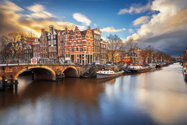 Amsterdam, Netherlands bridges and canals at twilight.