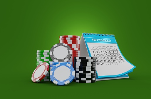 Poker chips with calendar on green background. 3d illustration