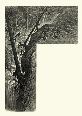 Vintage illustration of Man with superhuman strength destroying trees, Dark fantasy, scene from Orlando Furioso illustrated by Gustave Dore