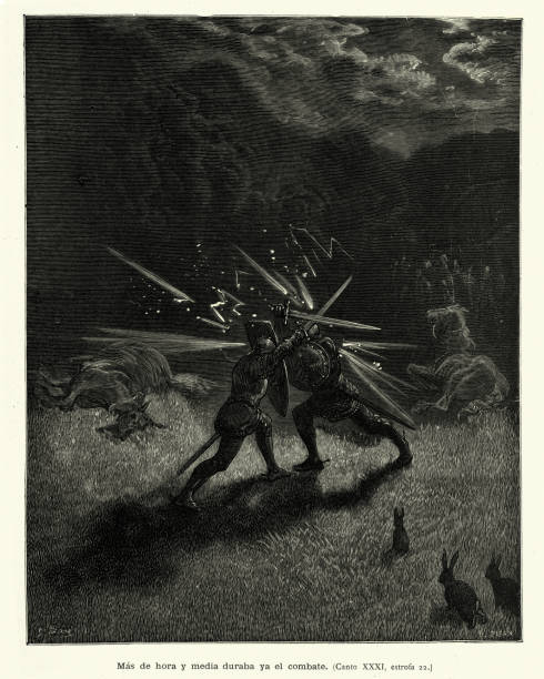 istock Two knights fighting an epic duel with sword and shield, Dark fantasy 1288269146
