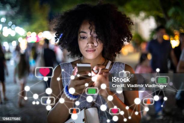 Social Media And Digital Online Concept Woman Using Smartphone Stock Photo - Download Image Now