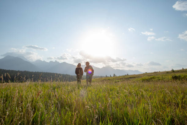 istock Friends walk through grassy meadow in the morning 1288272120
