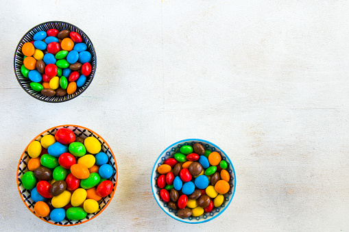 M&M's candy in the bowl on the white background, colorful candy texture, multicolored gradient.