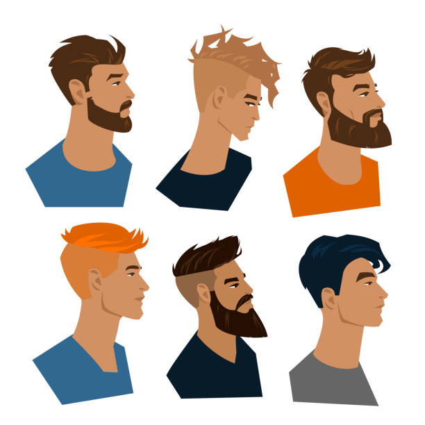 illustrazioni stock, clip art, cartoni animati e icone di tendenza di set di ritratti a colori di giovani uomini con barba e taglio di capelli moderno alla moda. - undercutting