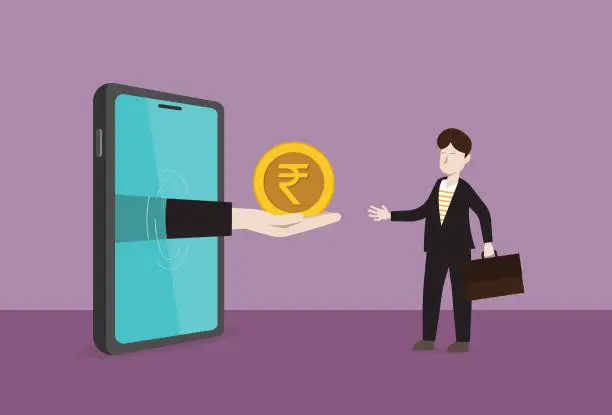 Vector illustration of Businessman receive a Indian rupee coin from a mobile phone