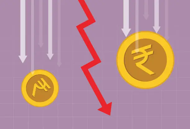Vector illustration of Rupee coin and red arrow going down
