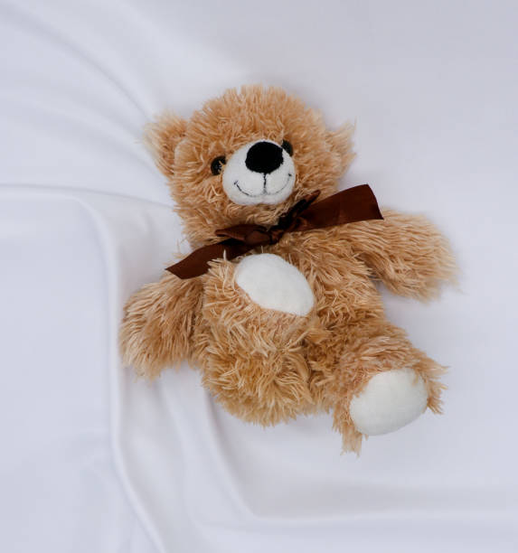 istock A light brown Teddy bear lies on a white knitted fabric. 1288275298