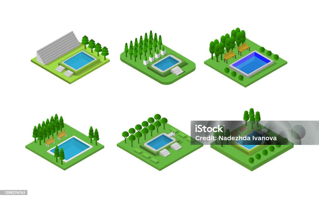 Pool Vector Set Isometric Isometric Swimming Pool Set Vector Illustration Stock Illustration ...