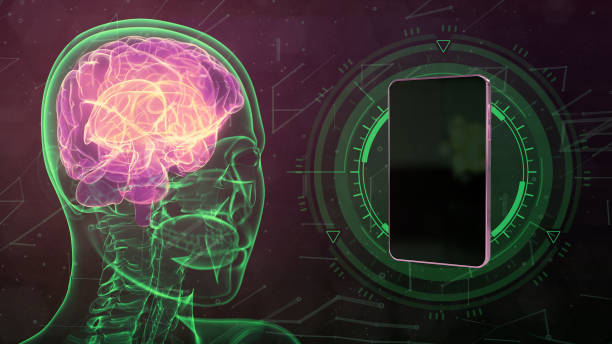 istock Industrial 3D illustration - holographic human head image with smartphone, brain danger by cellular network concept with space for your content 1288280300