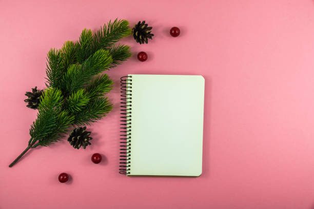 istock Winter compositions, blank notebook, fir branches and berries with cones, pink background, top view flat lay, copy space 1288282271