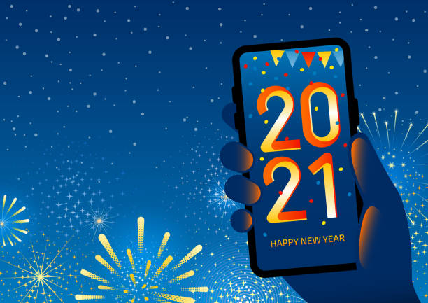 технология с новым годом - 2021 празднование на смартфоне - engineering nobody contemporary new stock illustrations