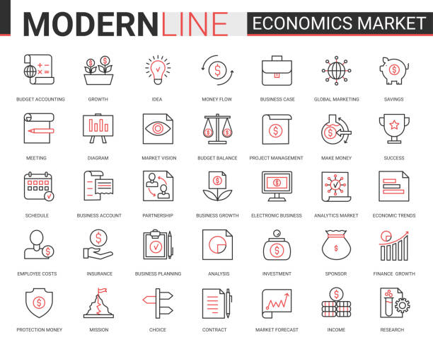 экономика фондового рынка плоская линия значок вектор иллюстрации набор финансового маркетинга, анализа банковских счетов и исследований - affordable stock illustrations