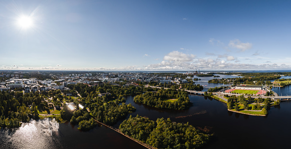Aerial view of downtown Helsinki on a summer night, with a view towards the harbor and Uspenski Cathedral.