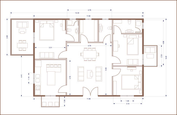 Residential building blueprint plan. Real estate, housing project construction concept. Real estate, housing project construction concept. Residential building blueprint plan measuring a room stock pictures, royalty-free photos & images