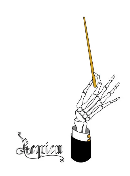 Vector illustration of hand bones with conductor baton, skeleton part, doomsday requiem, apocalyptic mystical show