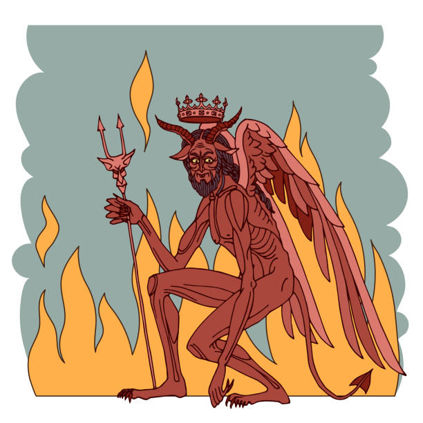 satan, devil with crown and flames, king of the hell, religious symbol of evil, orthodox icon satan, devil with crown and flames, king of the hell, religious symbol of evil, orthodox icon, color vector illustration isolated on a white background in a cartoon and hand drawn style satan goat stock illustrations