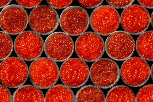 Pink salmon caviar and chum salmon caviar in plastic containers Pink salmon caviar and chum salmon caviar in plastic containers. Seafood, delicacies, healthy nutrition. Top view. Pattern of caviar. caviar stock pictures, royalty-free photos & images