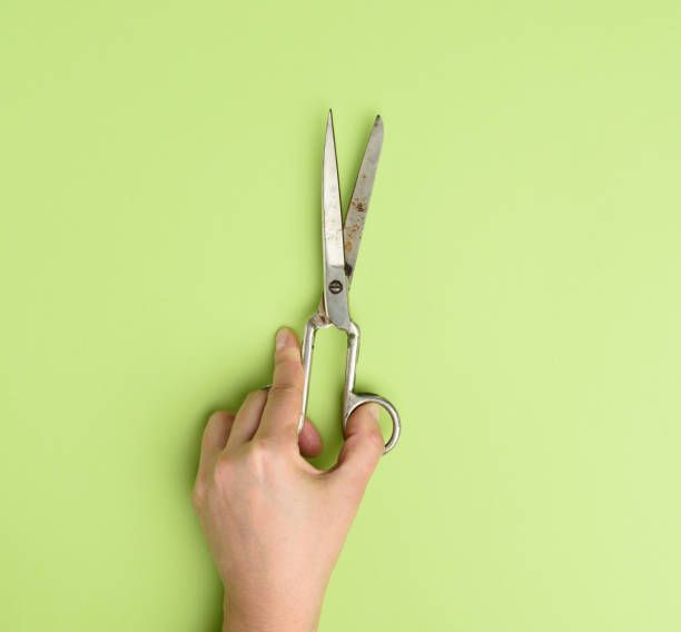 istock hand holds metal scissors on green background 1288294497
