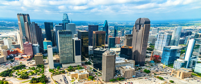 The downtown skyline of Dallas, Texas shot from about 800 feet during a photo flight.