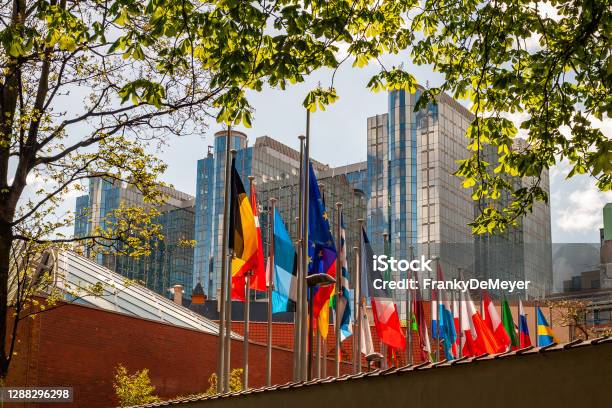 As Seen From The Leopold Park A Row Of Flags From Europeam Member States With European Parliament In Brussels In The Background Stock Photo - Download Image Now