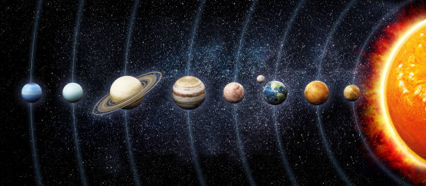 planetas del sistema solar orbitando el sol. ilustración 3d - sistema solar fotografías e imágenes de stock